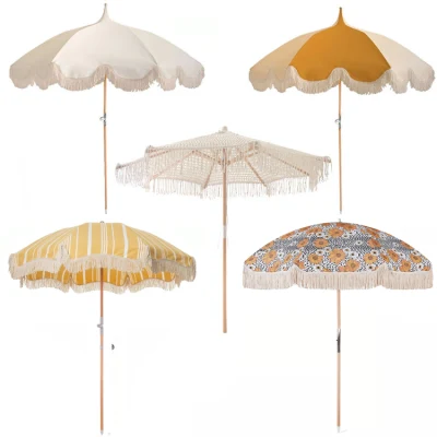 Wholesale Custom Luxury Vintage Fringed Beach Umbrellas with Tassels, Outdoor Portable Wooden Pole Boho Style Big Sun Parasol