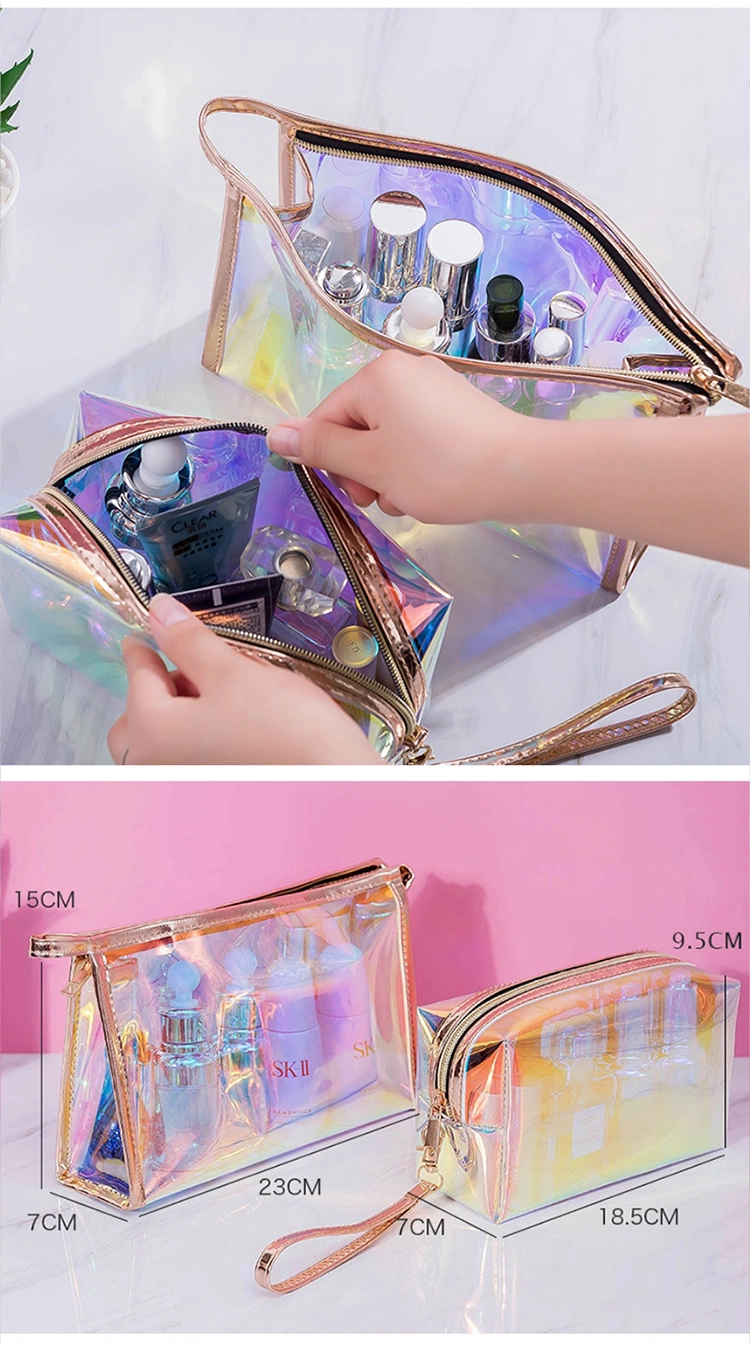 High Quality Women Fashion Portable Laser Transparent TPU PVC Brush Organizer Trolley Cosmetic Storage Bag